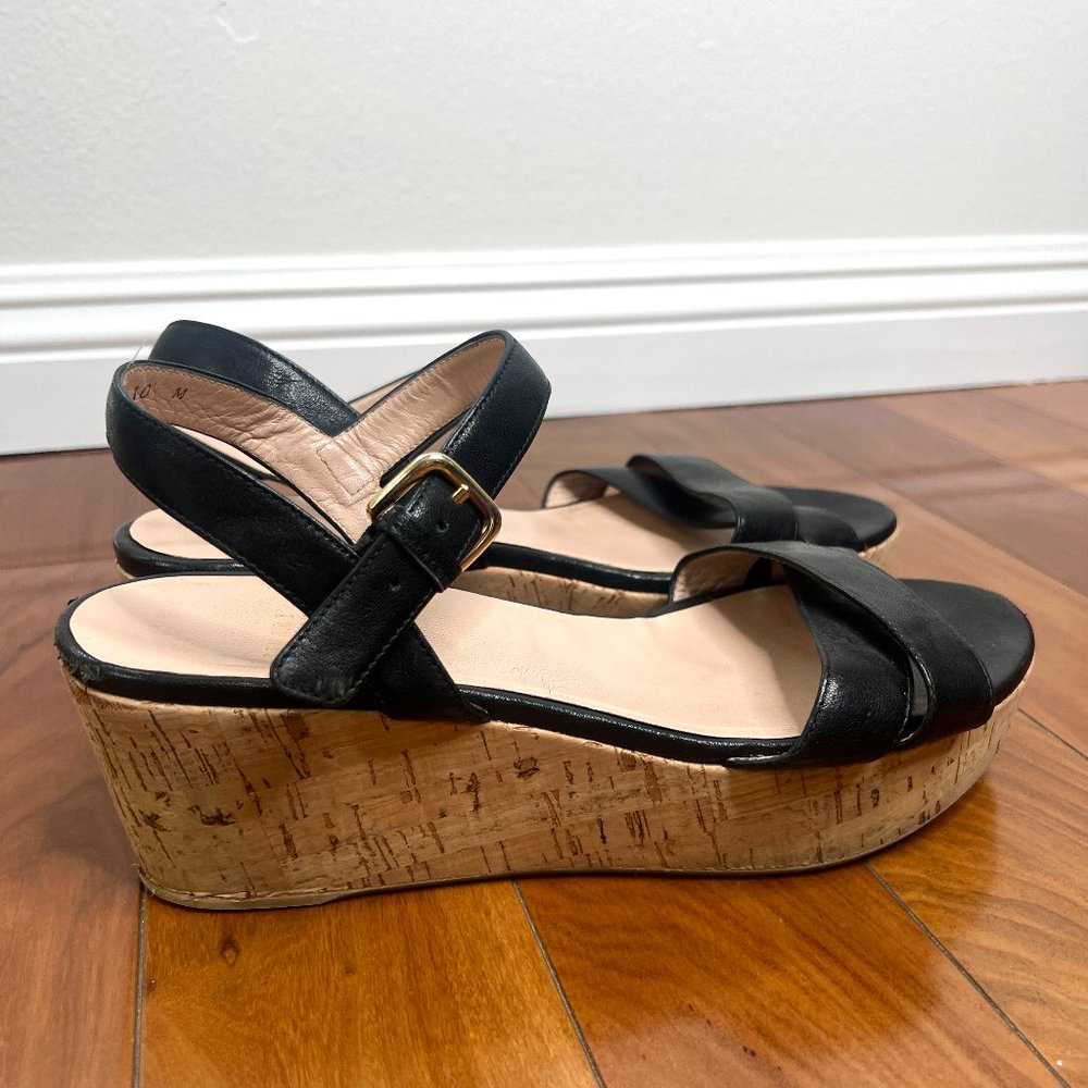 Stuart Weitzman Short Cork Wedges with Leather Straps and gold buckle, Size 10